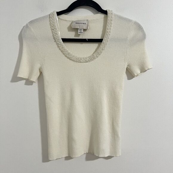 Industry Republic Clothing Knit Blouse Size S Ivory Pearl Neck Ribbed Preppy - Picture 1 of 5